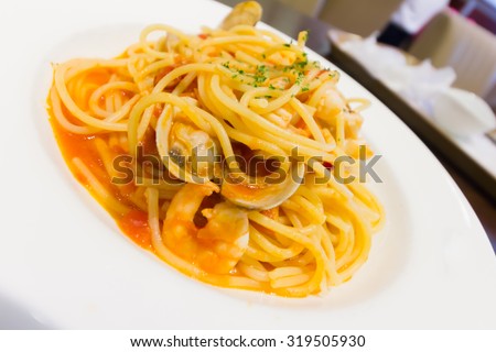 Spaghetti with seafood, A combination of Eastern and Western style food.