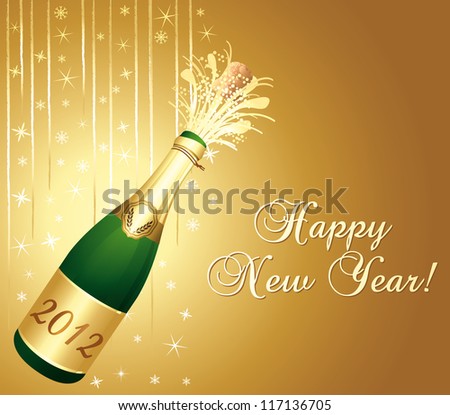 2013 Champagne bottle popping. Gold greeting card. Happy new year !