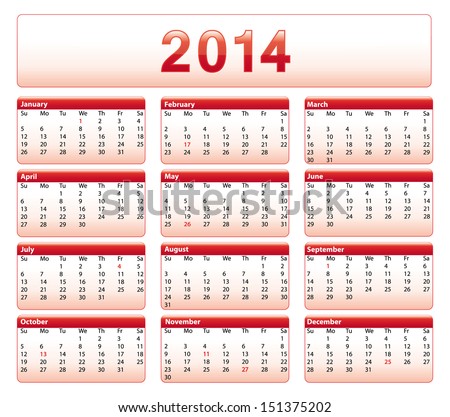 Red 2014 calendar. American version with public holidays.