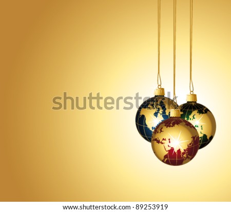 Elegant holiday background with golden globes ornaments. Vector wallpaper.