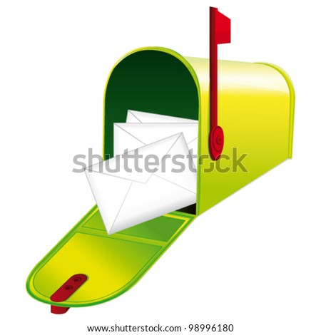 Beautiful green metallic opened mailbox with letters. Vector icon.