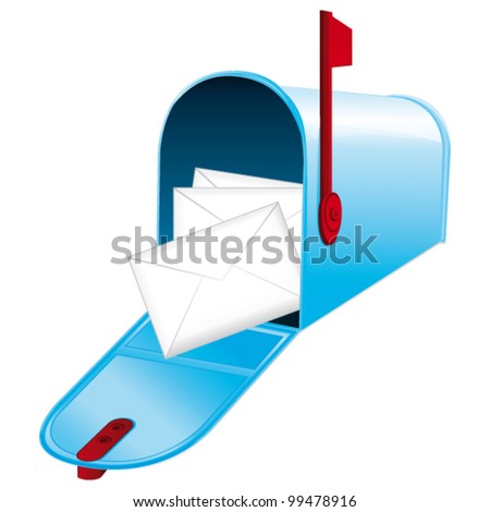 Beautiful blue metallic opened mailbox full of letters. Vector icon.