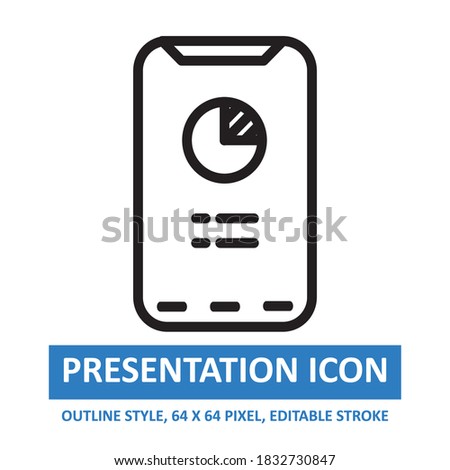 smartphone presentation pie chart icon outline style on white background. chart and diagram vector illustration. base 64 x 64 pixels. expanded.