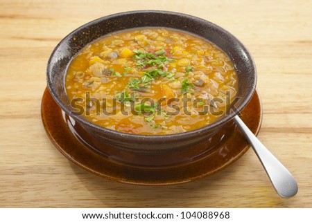 Armenian lentil soup, a homely soup for a winter evening, with a twist. Besides lentils, eggplant, onion, carrot, celery and green capsicum, it also contains apricots, cinnamon, allspice and paprika.