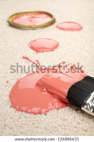 Pink paint spilled on cream coloured carpet with brush.