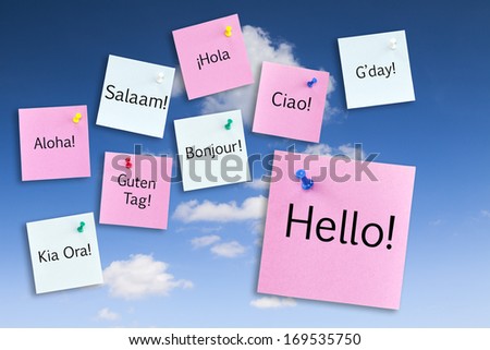 Hello Concept - notes pinned to a blue sky, hello in different languages