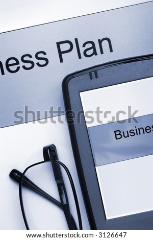 Business Plan, printed out and on PDA, ready to take to the bank, in blue tone.