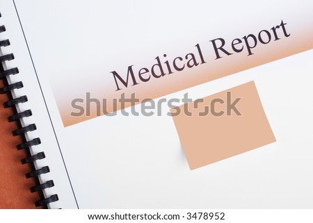 Spiral back medical report, with a matching sticky note attached. Write your name or your appointment time here.