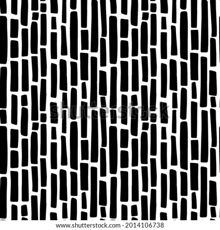 Abstract minimalistic seamless pattern with hand drawn black vertical short thick irregular dashed lines. Vector minimal monochrome black and white background design with styllized bamboo sticks.