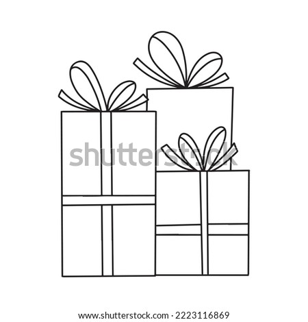 3 presents stacked in a Pile, different gift boxes, decorated with wrapping paper, ribbon, bows. Three gifts for holiday, birthday. Hand drawn outline doodle, simple vector illustration isolated on