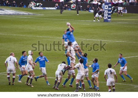 TWICKENHAM LONDON - FEB 12: Italian lineout catch at England vs Italy, England playing in white Win 59 -13, at RBS Six Nations Rugby Match on February 12, 2011 in Twickenham, England.