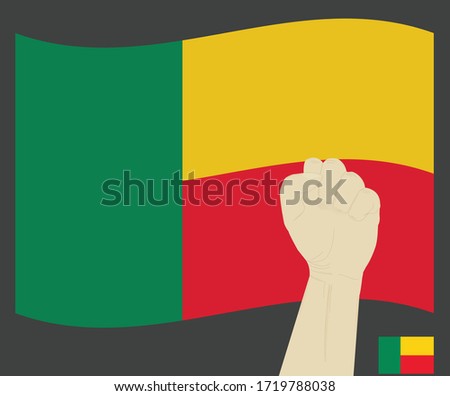 Fist power hand with Benin National flag, Fight for Beninese People concept, cartoon graphic, sign symbol background, vector illustration.