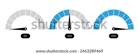 Percentage Speedometers icon set illustration eps. Percentage meter gauge element. Speedometer icon set or percentage loading bar