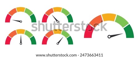 Score meter. Speedometer gauge indicator. Energy efficiency and consumer satisfaction rate measure UI. Indication lines. Dial with arrows and scale. Vector effectiveness graphs set