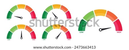 Score meter. Speedometer gauge indicator. Energy efficiency and consumer satisfaction rate measure UI. Indication lines. Dial with arrows and scale. Vector effectiveness graphs set