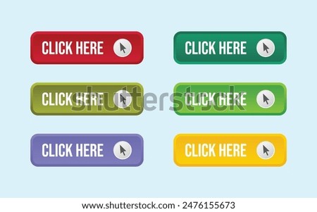 Click here button with arrow pointer clicking icon. Click here vector web button. Web button with action of arrow pointer. Click here, UI button concept. Vector illustration eps10