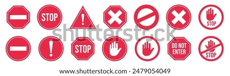 Set stop red sign icon with white hand, do not enter. Warning stop sign. Safety visual, symbol with white hand, traffic sign, red traffic, forbidden sticker, notify driver, road sign