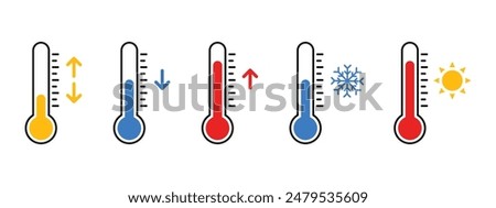 thermometer with yellow blue red scale, climate control, weather change, flat vector bicolor icon, weather icon. Temperature thermometer icon collection on white background. 