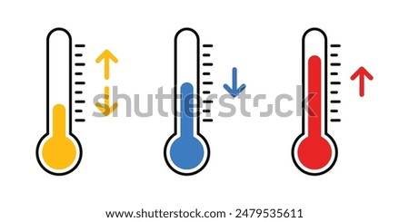 thermometer with yellow blue red scale, climate control, weather change, flat vector bicolor icon, weather icon. Temperature thermometer icon collection on white background. 