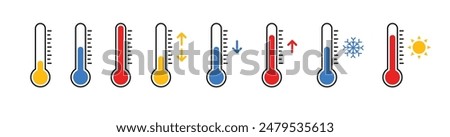 thermometer with yellow blue red scale, climate control, weather change, flat vector bicolor icon, weather icon. Temperature thermometer icon collection on white background. 