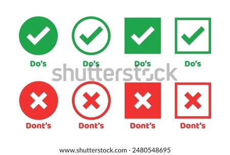 Do, dos, don, dont icons. Wrong cross and right tick, check icons. Yes, good, correct and bad, false marks of etiquette. List of quiz with false and true. Vector EPS10.