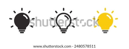 A set of light bulb icon on white background. Idea symbol. Electric lamp, light, innovation, solution, creative thinking, electricity. Outline, flat and colored style. Flat design.