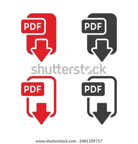 pdf download icon on white background. Vector isolated PDF file icon set. Information, text document, upload, folder, pdf file, private, book, note. Data set concept. Vector icon in line, black