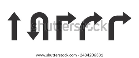 Go Straight, U turn, Right and Left, This Way, One Way, Only U Turn Black Arrow Sign Direction Icon Set. Vector Image.