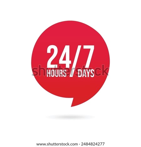 24 7 Service Support open, 24 hours a day, 7 days a week icon. Tech supporting symbol. Timetable, time, hours signs. Delivery, shopping symbol. Vector illustration icon, label, sticker, symbol, sign