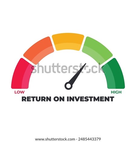 Return on investment, ROI Level Meter, measuring scale, speedometer, indicator. Low to High, From red to green level, Meter, Vector stock illustration. Profit, Cash back, Gain, Loose