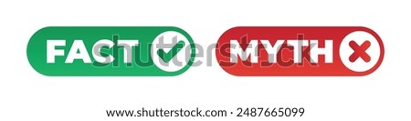 Rumor dishonest news myths versus facts badge, flat desing. Vector untruth, superstition evidence reality show badge, truth and false badge, disbelieve quiz header. Truth or lie quiz, fake or proof