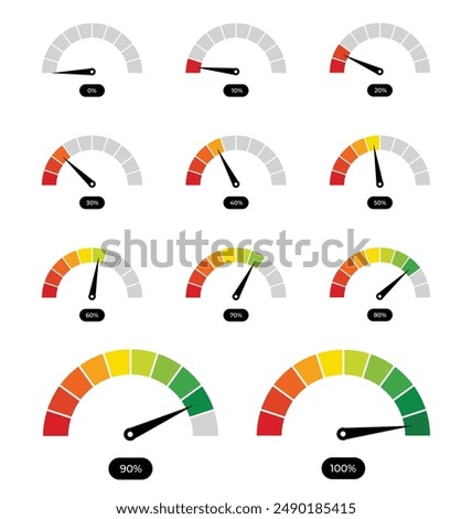 Speedometer, gauge meter icons. Vector scale, level of performance. Speed dial indicator . Green and red, low and high barometers, dashboard with arrows. Infographic of risk, gauge, score progress