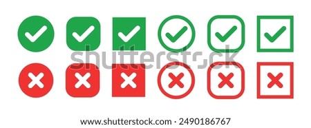 Green checkmark and red cross on isolated white background vector symbol for right and wrong choices. Modern flat design, Checkmark icon set. Checkmark right symbol tick sign. 