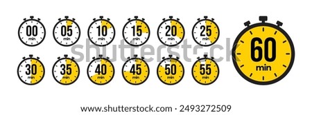 0, 5, 10, 15, 20, 25, 30, 35, 40, 45, 50, 55, 60 min Timer, clock, stopwatch yellow isolated set icons. Countdown timer symbol icon set. Label cooking time. Vector illustration