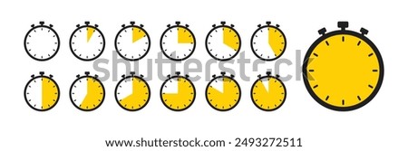 0, 5, 10, 15, 20, 25, 30, 35, 40, 45, 50, 55, 60 min Timer, clock, stopwatch yellow isolated set icons. Countdown timer symbol icon set. Label cooking time. Vector illustration