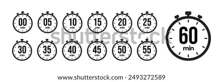 0, 5, 10, 15, 20, 25, 30, 35, 40, 45, 50, 55, 60 min Timer, clock, stopwatch yellow isolated set icons. Countdown timer symbol icon set. Label cooking time. Vector illustration