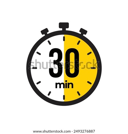 30 minute Timer, clock, stopwatch isolated icons. Countdown timer symbol. Label cooking time. Minute timer, Time measure, Chronometer, Alarm, Kitchen timer, label, sticker, stamp.  Vector illustration