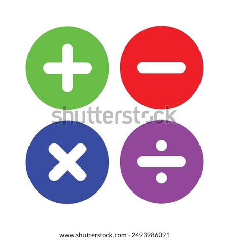 
Vector illustration of set of mathematical symbols. Calculations and mathematical operations. Basic operations with numbers. Circular icons of addition, subtraction, multiplication and others.