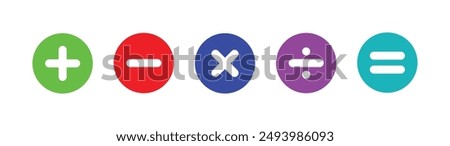 
Vector illustration of set of mathematical symbols. Calculations and mathematical operations. Basic operations with numbers. Circular icons of addition, subtraction, multiplication and others.