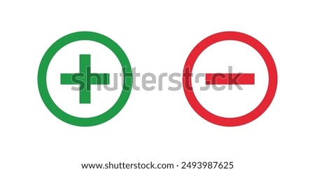 green plus and red minus symbols, Positive an negative round thin line vector signs. Mathematical symbols, add, subtract, right and wrong, pros and cons.