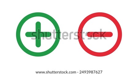 green plus and red minus symbols, Positive an negative round thin line vector signs. Mathematical symbols, add, subtract, right and wrong, pros and cons.