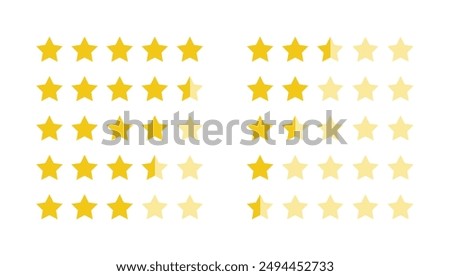 Product rating or customer review with gold stars set collection. Graphic symbol flat design interface illustration elements for app ui ux web banner button vector isolated on white background