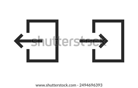 Exit entrance icon. Vector isolated black icon. Doorway entrance exit sign. Login and logout icons. Set of sign out, Sign in vector icon. Open and close door symbol. Black exit and enter arrow, vector