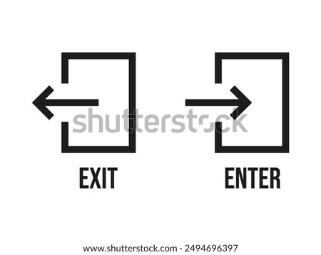 Exit entrance icon. Vector isolated black icon. Doorway entrance exit sign. Login and logout icons. Set of sign out, Sign in vector icon. Open and close door symbol. Black exit and enter arrow, vector