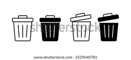 Trash bin or recycling, delete, remove icon vector. Dust bin or rubbish bin or dump place sign silhouette. Open lid, closed, throw away, rubbish, garbage, clean environment logo, symbol, label.