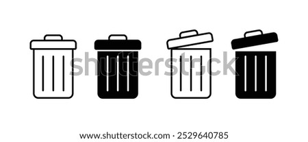 Trash bin or recycling, delete, remove icon vector. Dust bin or rubbish bin or dump place sign silhouette. Open lid, closed, throw away, rubbish, garbage, clean environment logo, symbol, label.