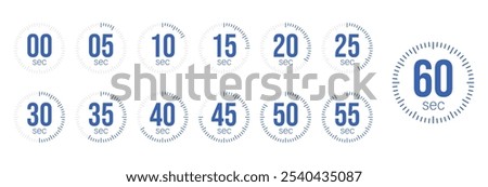 Second Timer, clock, stopwatch, Countdown timer, cooking time icon set. 0, 5, 10, 15, 20, 25, 30, 35, 40, 45, 50, 55, 60 second dial. Blue color isolated set, symbol. Vector illustration