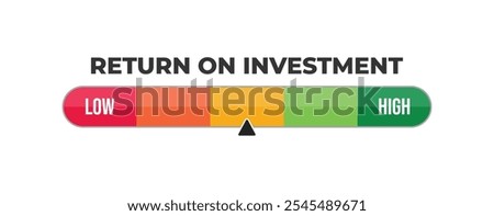 Return on investment, ROI Level Meter, measuring scale, speedometer, indicator. Low to High, From red to green level, Meter, Vector stock illustration. Profit, Cash back, Gain, Loose