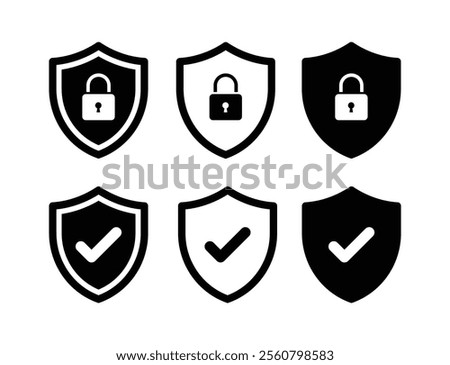 Security shield lock and shield check icon symbol set. Safety shield logos with check mark and padlock. Protection approve sign. Protect shield icons.