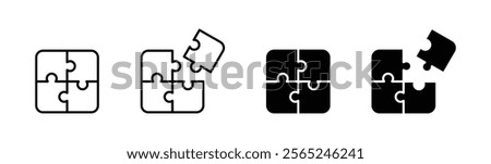 Four piece of puzzles icon. Jigsaw outline templates. Four pieces puzzle or teamwork concept Filled and outlined. Business concept, idea, strategy. Vector icons in flat style